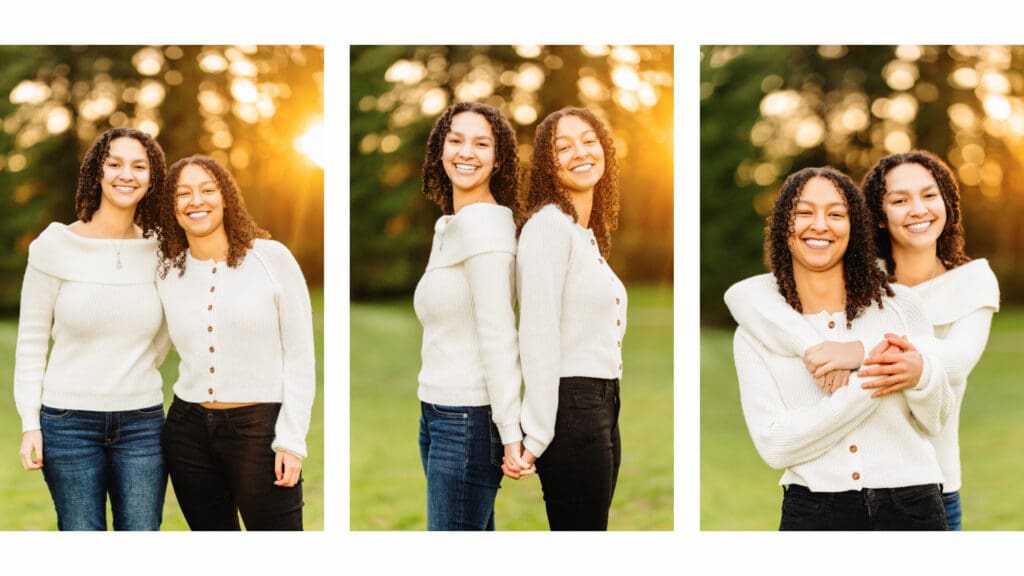 Twin sisters from Eastlake High School, Jadyn and Julia, posing together for their sunny January senior session in Sammamish.