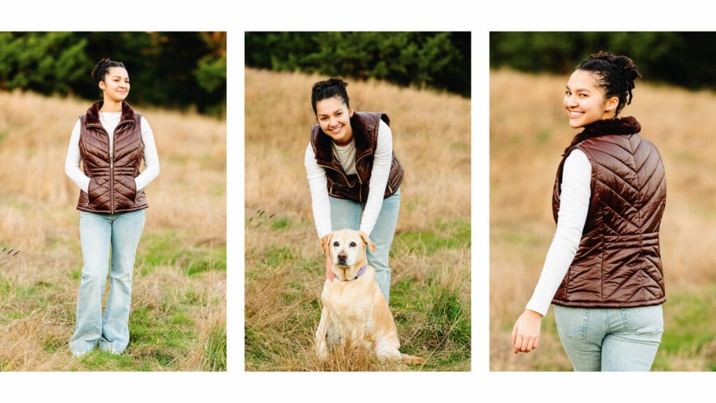 High school senior Jadyn posing in a chocolate brown vest and white Air Maxes during a winter senior session in Sammamish WA.