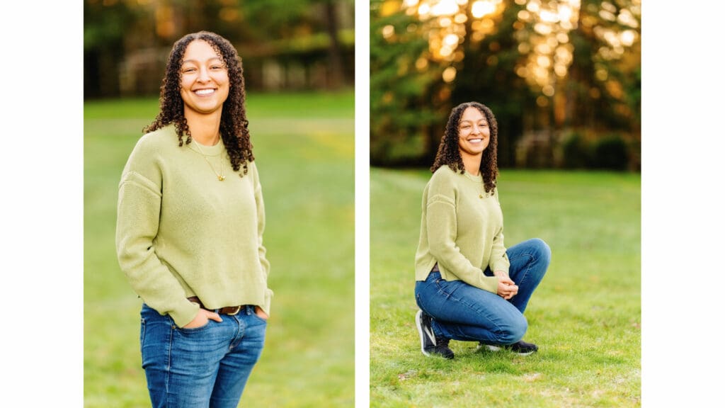 Julia, a Class of 2026 senior, wearing a cozy green sweater and jeans for her forest themed portraits in Sammamish.