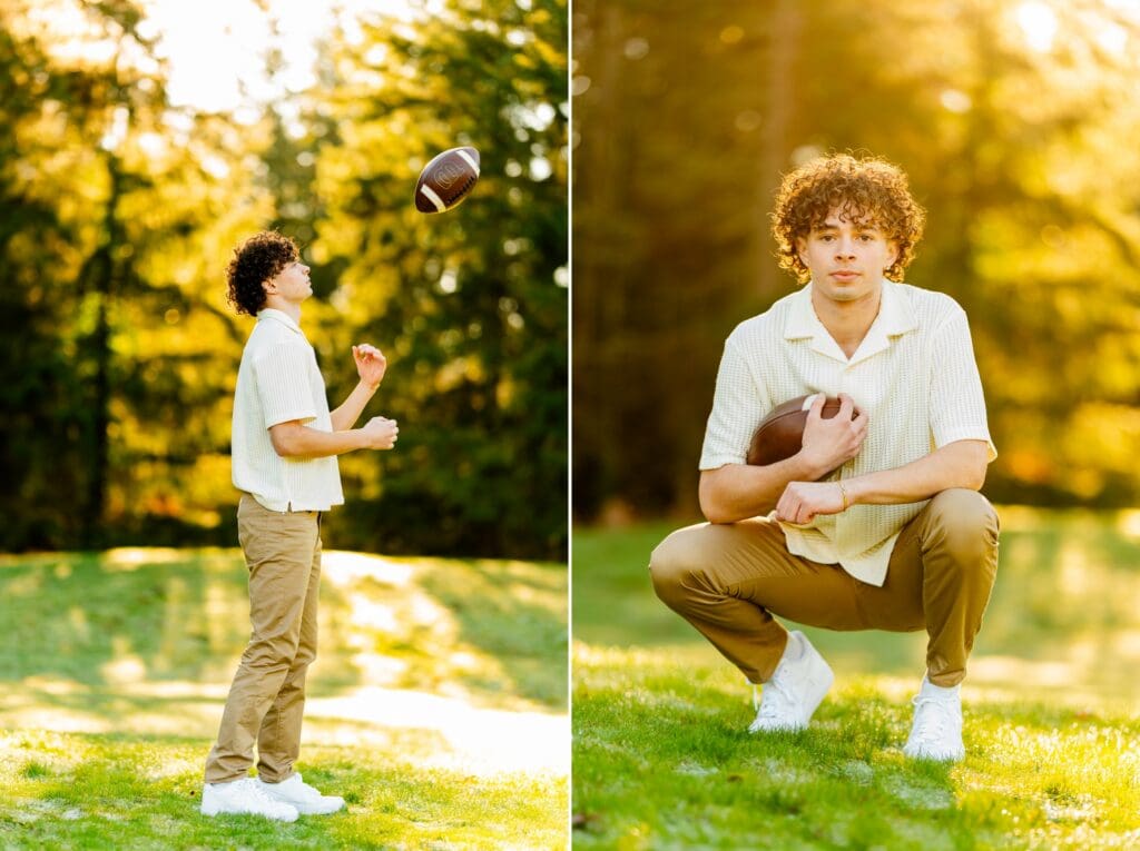 Class of 2026 senior Mason posing with a football at a Sammamish park by Last Forever Images.