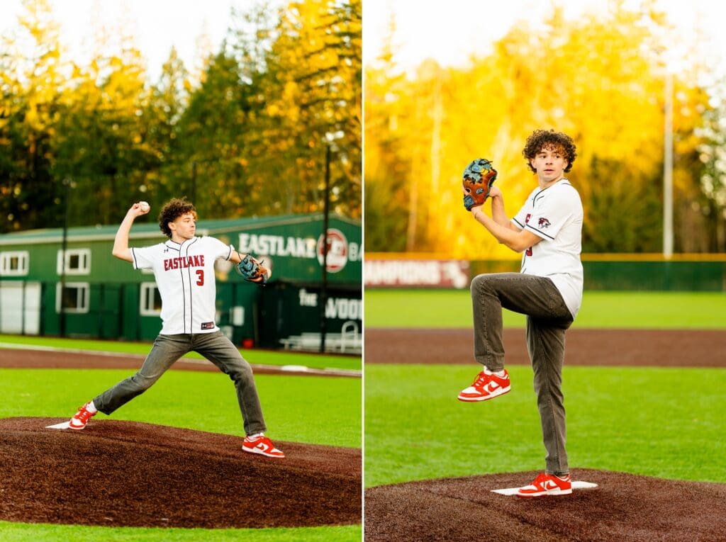 Eastlake High School baseball senior portraits of Mason in his jersey at the Eastlake ball fields.