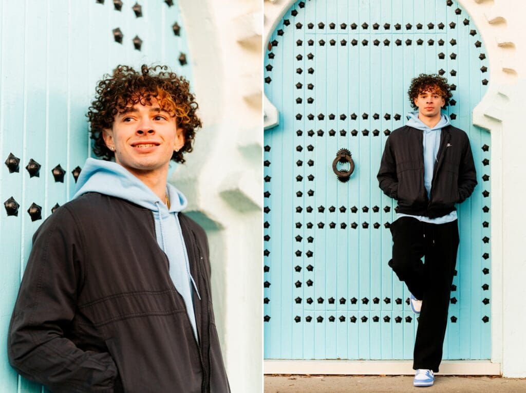 Eastlake High School senior session where he is posing in Downtown Issaquah.